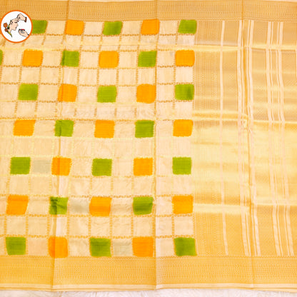 Beige multicolour checks Rangkat Soft Banarasi Silk Partywear Saree(Light Weight)