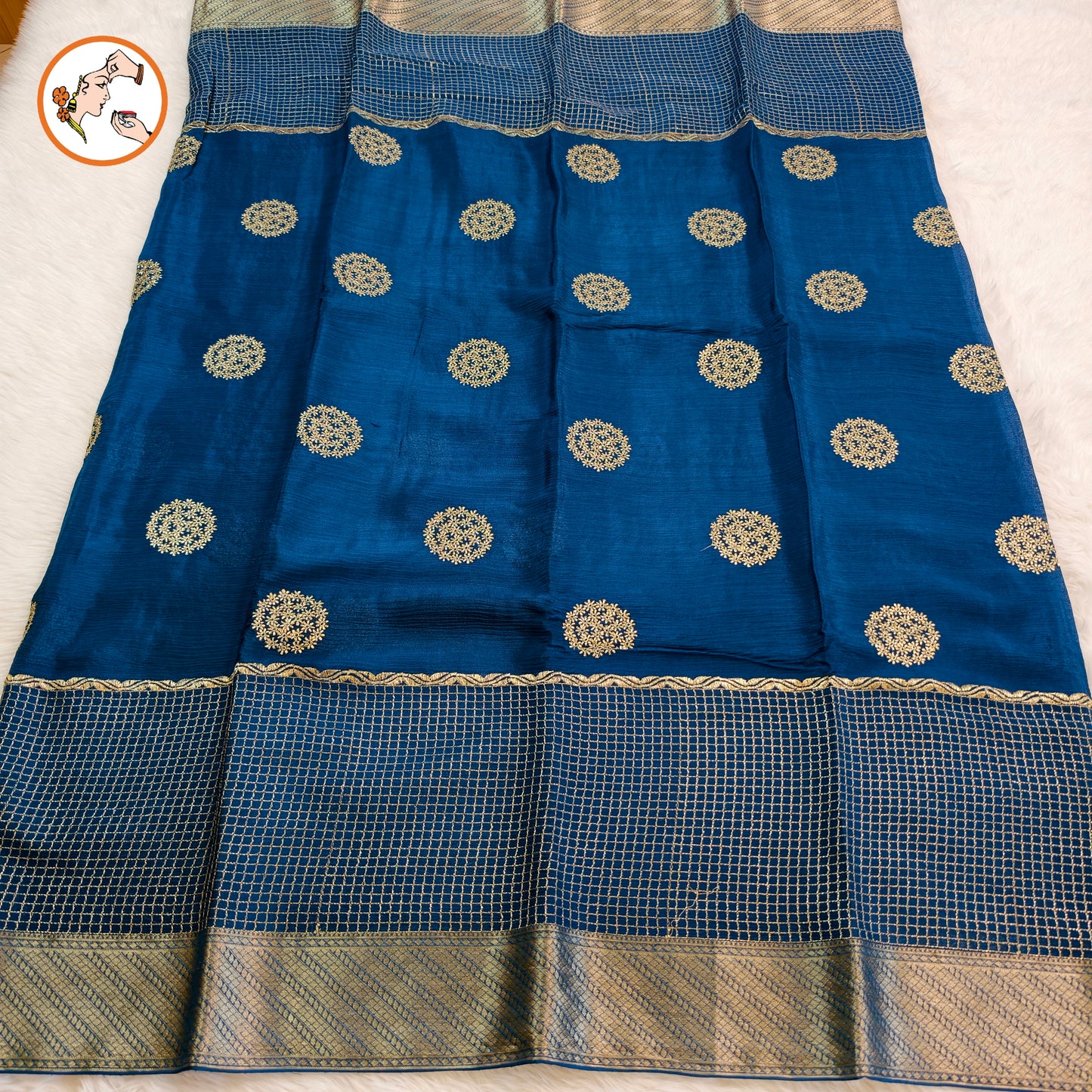 Peacock Blue Colour Golden Embriodery Premium Wrinkle Chiffon Georgette Designer Saree