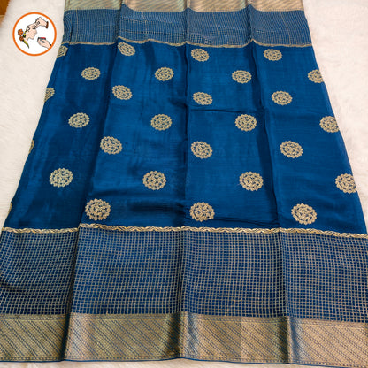 Peacock Blue Colour Golden Embriodery Premium Wrinkle Chiffon Georgette Designer Saree