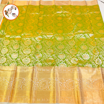 Parrot Green & Offwhite border with Silver Floral weaving body & gold zari border Kanchipuram mix Silk Saree