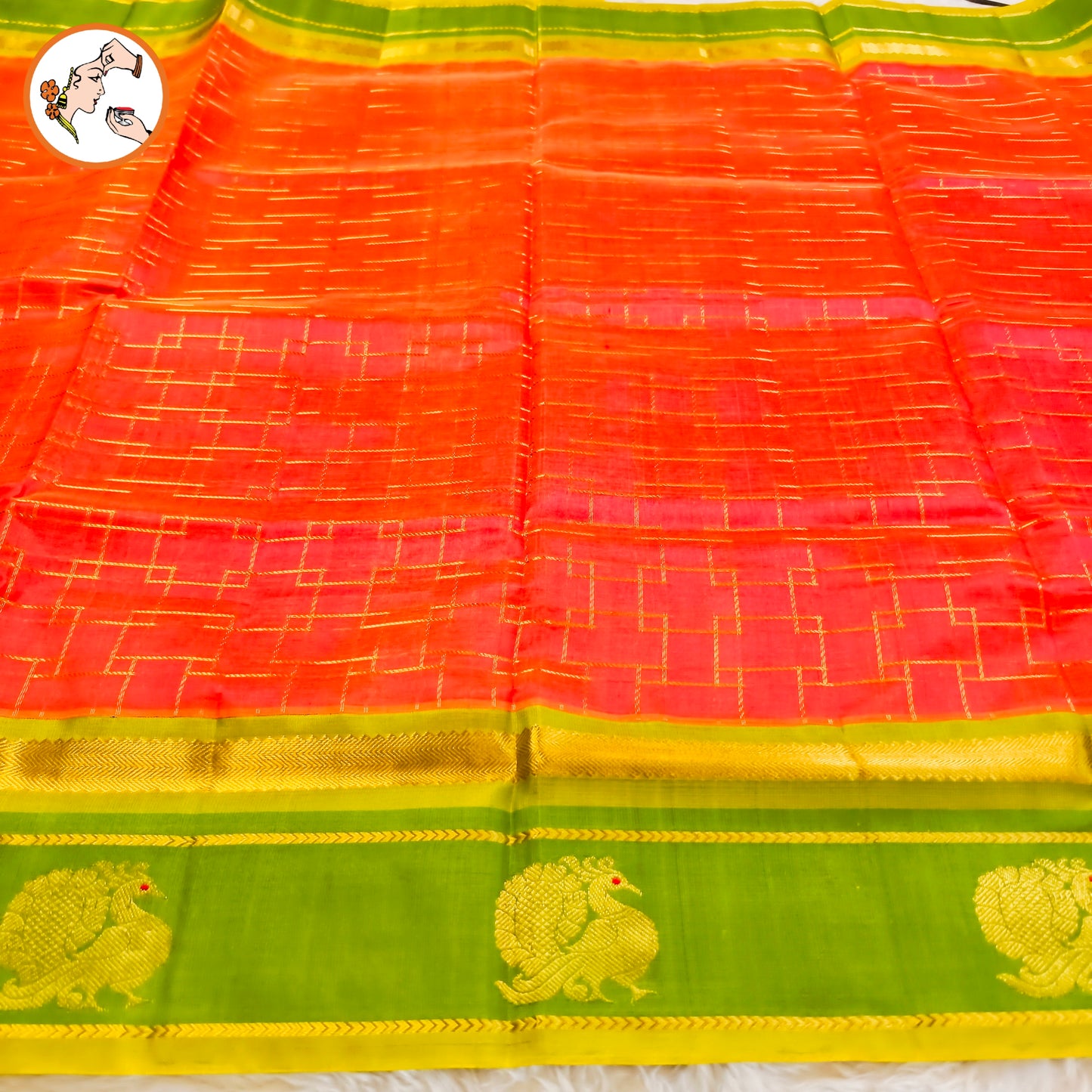 Orangish Pink(dual tone) with Green peacock border Pure Handloom Silk Cotton Saree