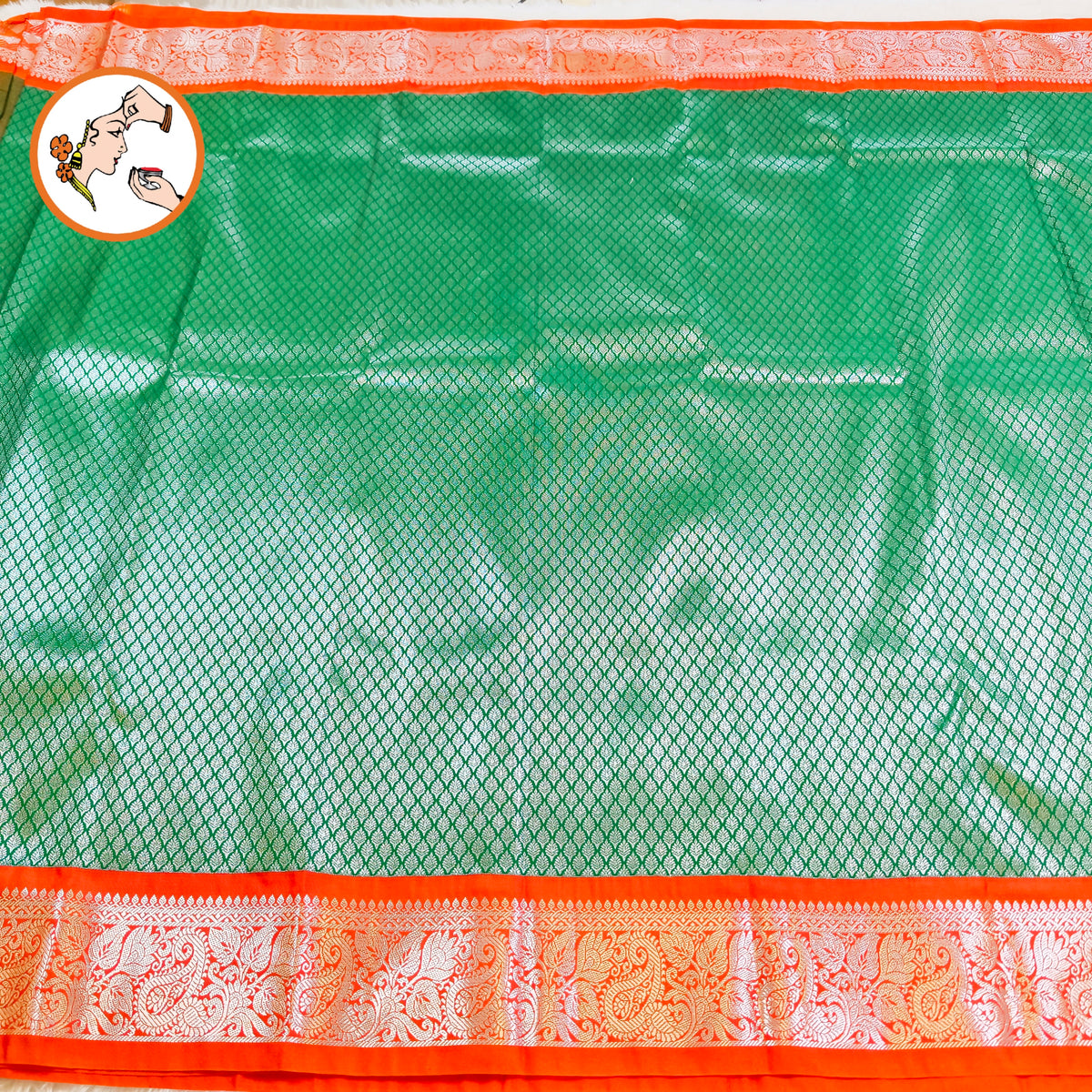 Dark Green with Orange border Silver zari weaving Kanchipuram Mix Silk Saree