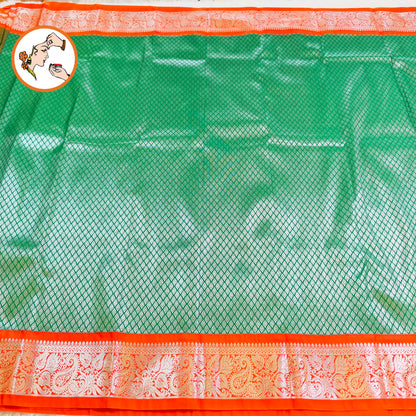 Dark Green with Orange border Silver zari weaving Kanchipuram Mix Silk Saree