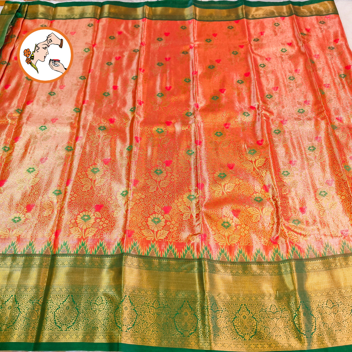 Dark Peach with Green Temple border High Tissue Kanchipuram Silk saree