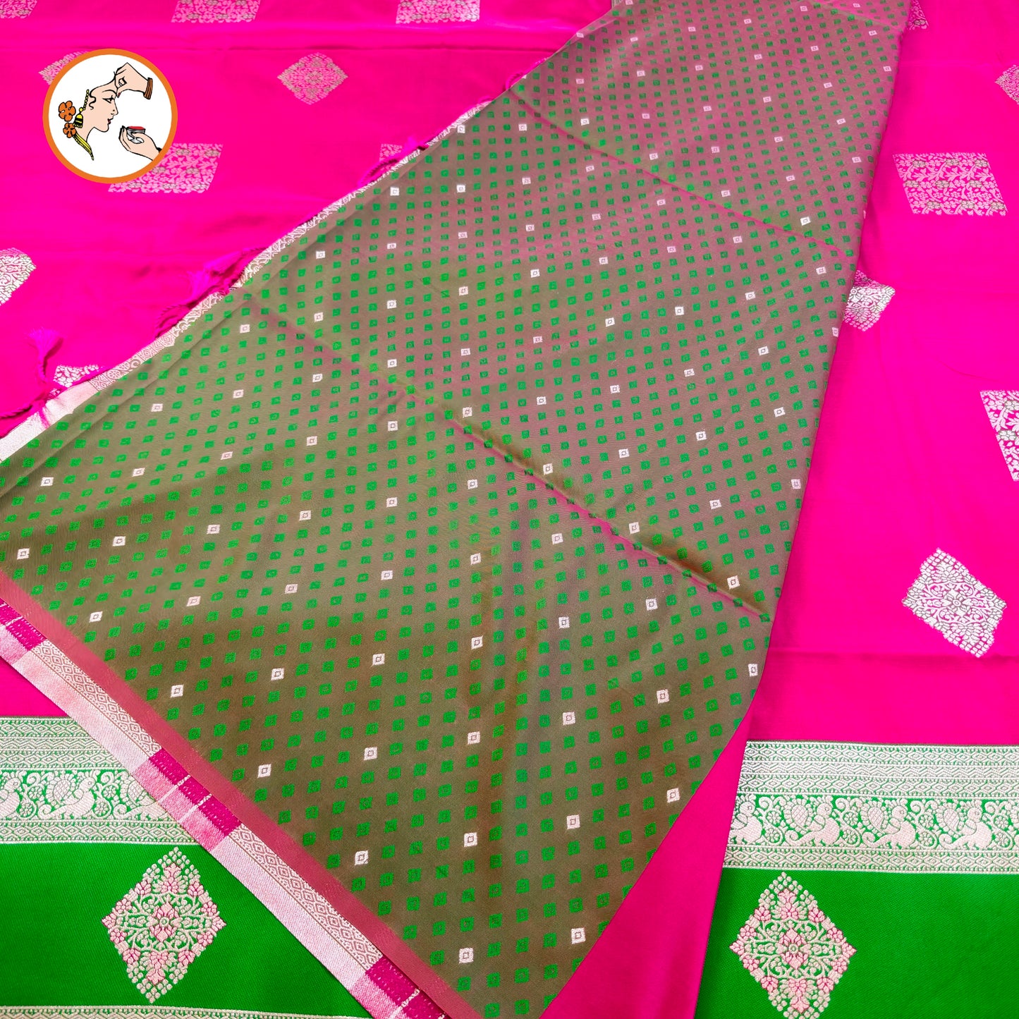 Rani Pink with Green border Soft Silk Saree