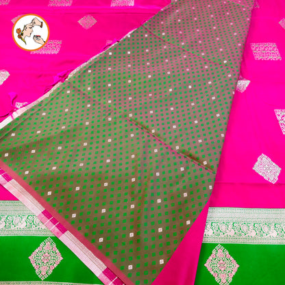 Rani Pink with Green border Soft Silk Saree