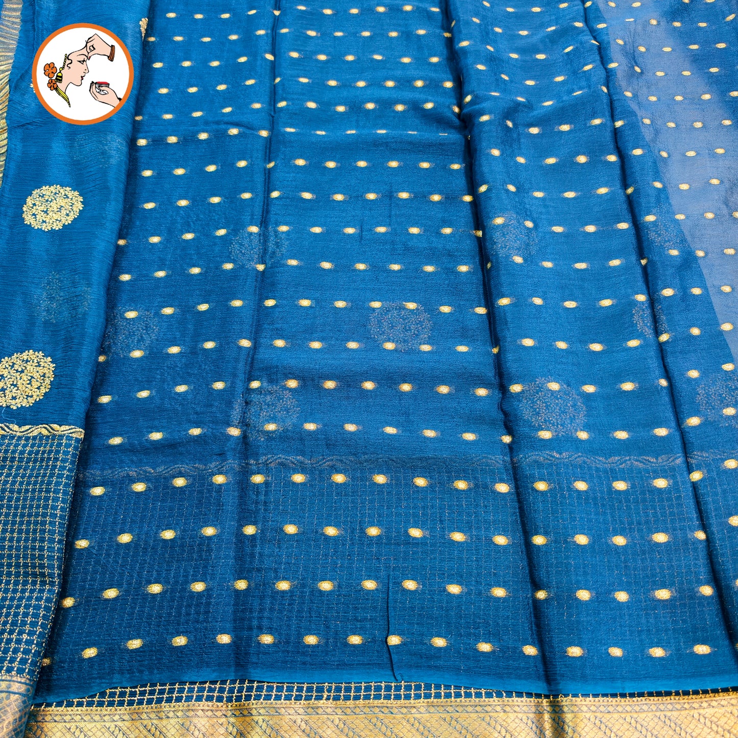 Peacock Blue Colour Golden Embriodery Premium Wrinkle Chiffon Georgette Designer Saree