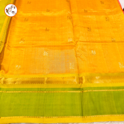 Orangish Pink(dual tone) with Green peacock border Pure Handloom Silk Cotton Saree