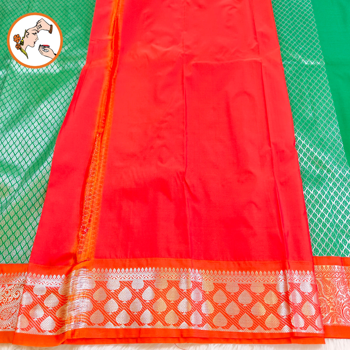 Dark Green with Orange border Silver zari weaving Kanchipuram Mix Silk Saree