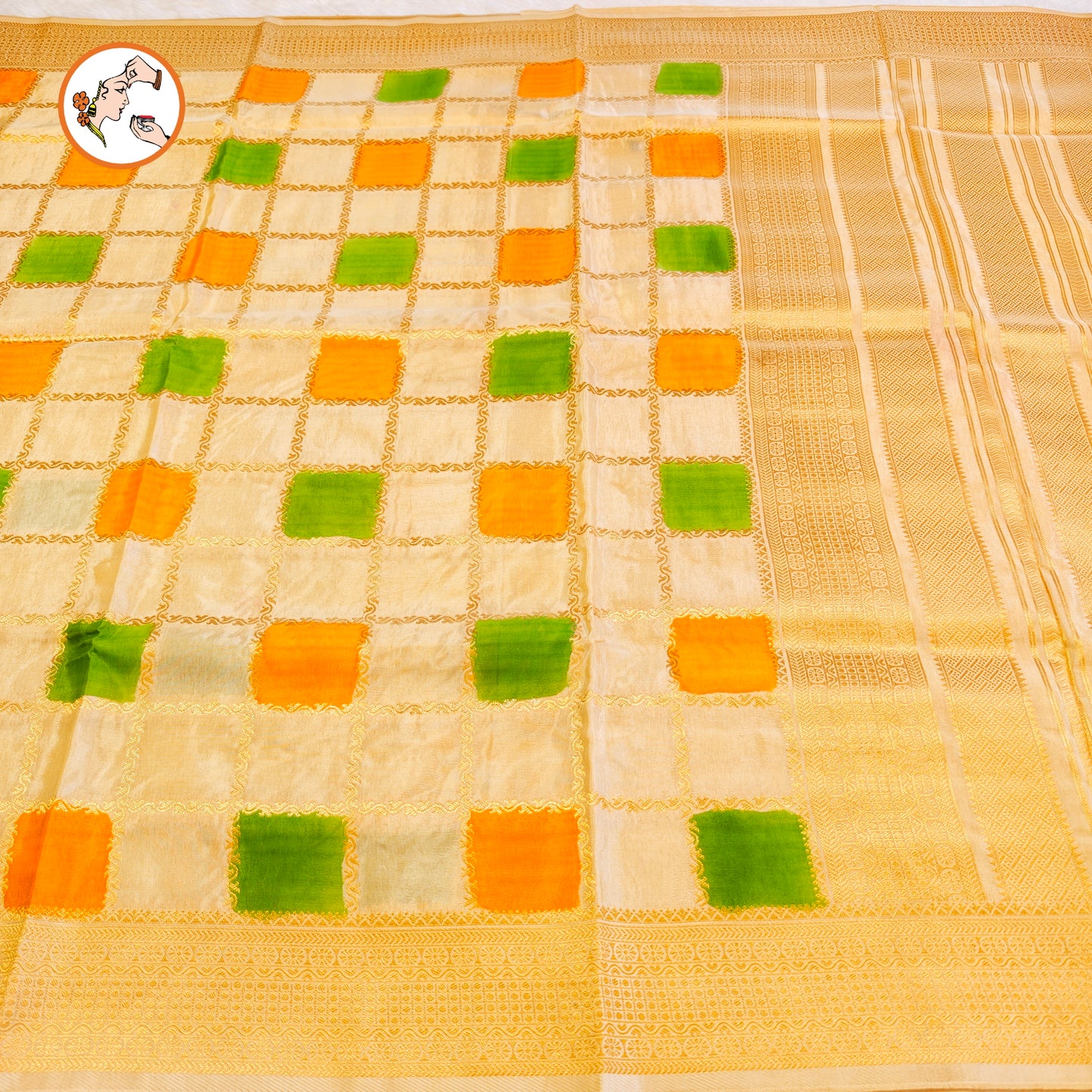 Beige multicolour checks Rangkat Soft Banarasi Silk Partywear Saree(Light Weight)