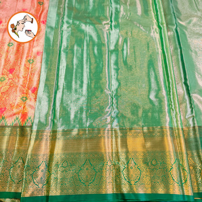 Dark Peach with Green Temple border High Tissue Kanchipuram Silk saree