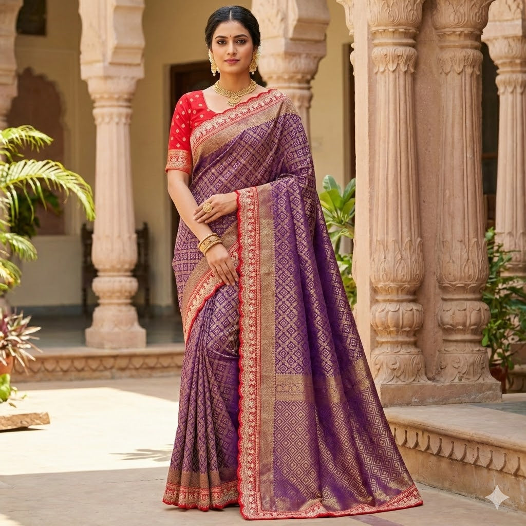 Purple with Red lace border Banarasi Silk Partywear Saree