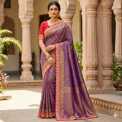 Purple with Red lace border Banarasi Silk Partywear Saree