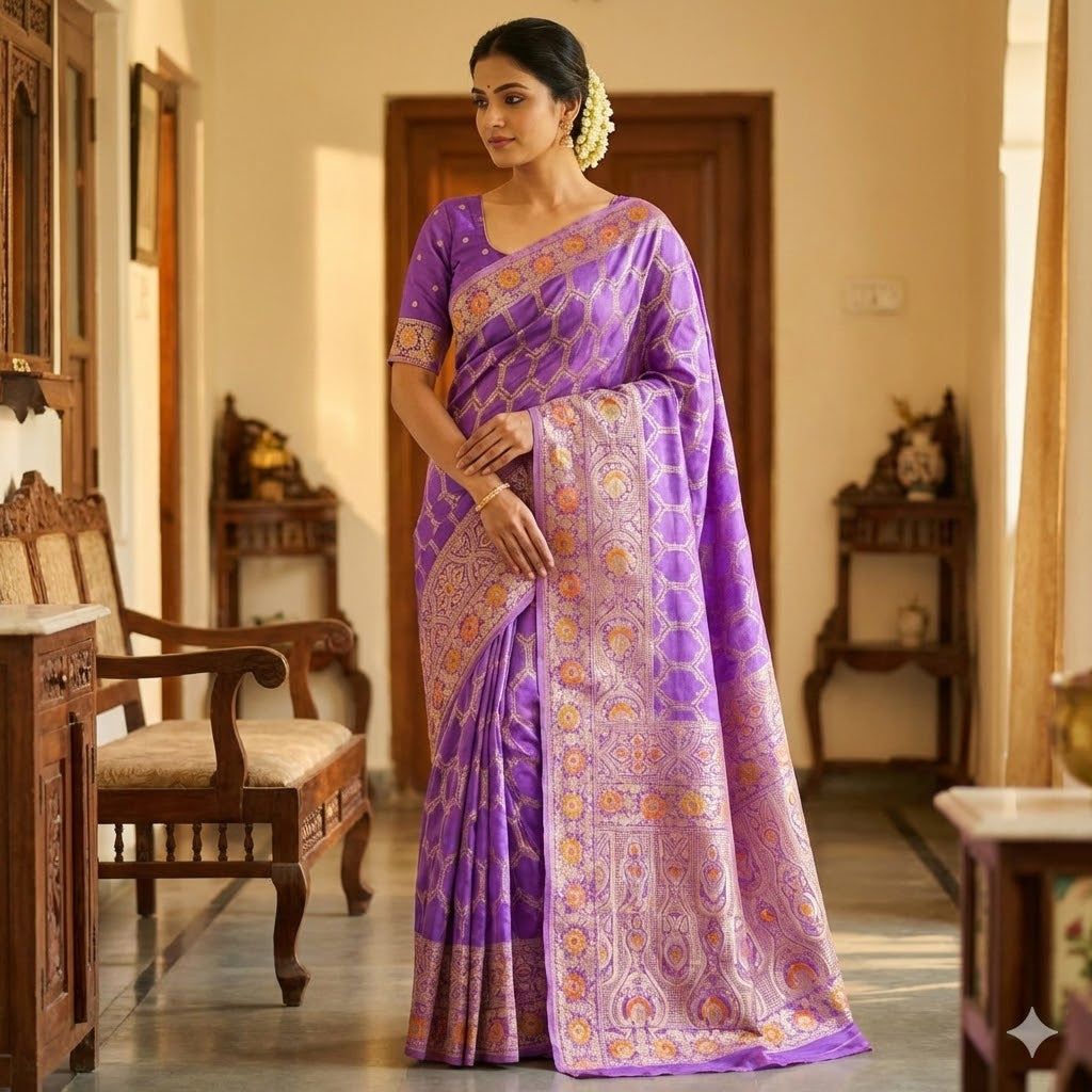 Lavender Rangkat Soft Banarsi Silk Partywear Saree(Light Weight)