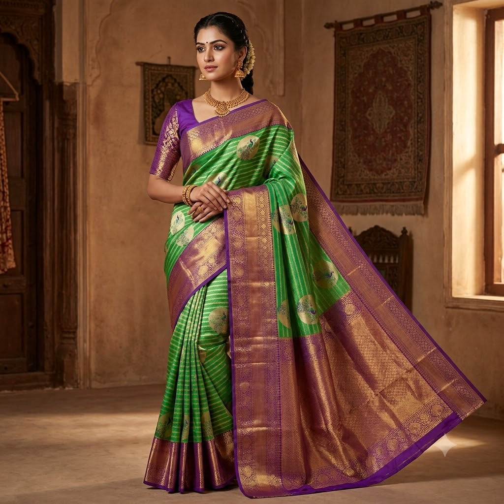 Green  with Violet border Peacock motif High Tissue Kanchipuram Silk Saree