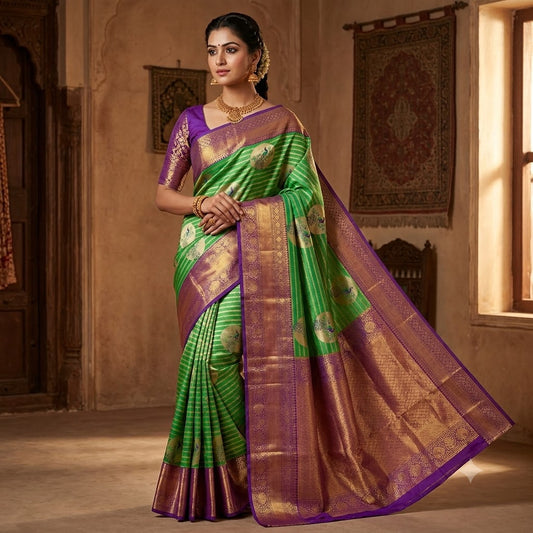 Green  with Violet border Peacock motif High Tissue Kanchipuram Silk Saree
