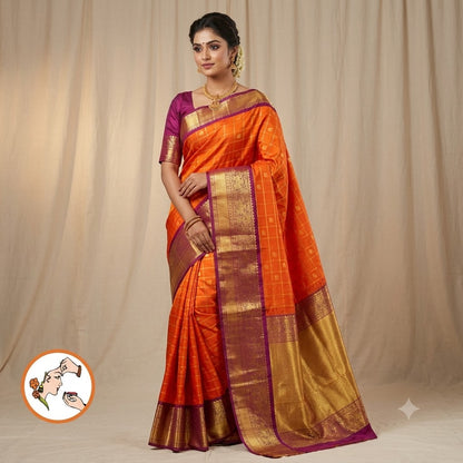 Rust Orange with Brown (Arakku) Temple border Gold zari weaving Traditional Kattam Mango butta Kanchipuram Mix Silk Saree