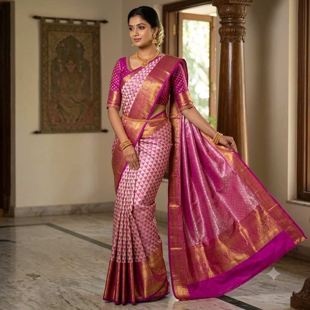 Purple Geometric pattern golden zari border Kanchipuram High Tissue Silk Saree