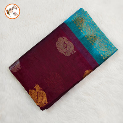 Dark Purple (Arakku) with Sky Blue Peacock motif Traditional Pure Silk Cotton Saree