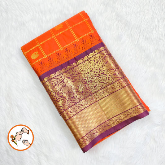 Rust Orange with Brown (Arakku) Temple border Gold zari weaving Traditional Kattam Mango butta Kanchipuram Mix Silk Saree