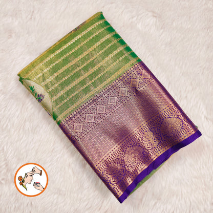 Green  with Violet border Peacock motif High Tissue Kanchipuram Silk Saree