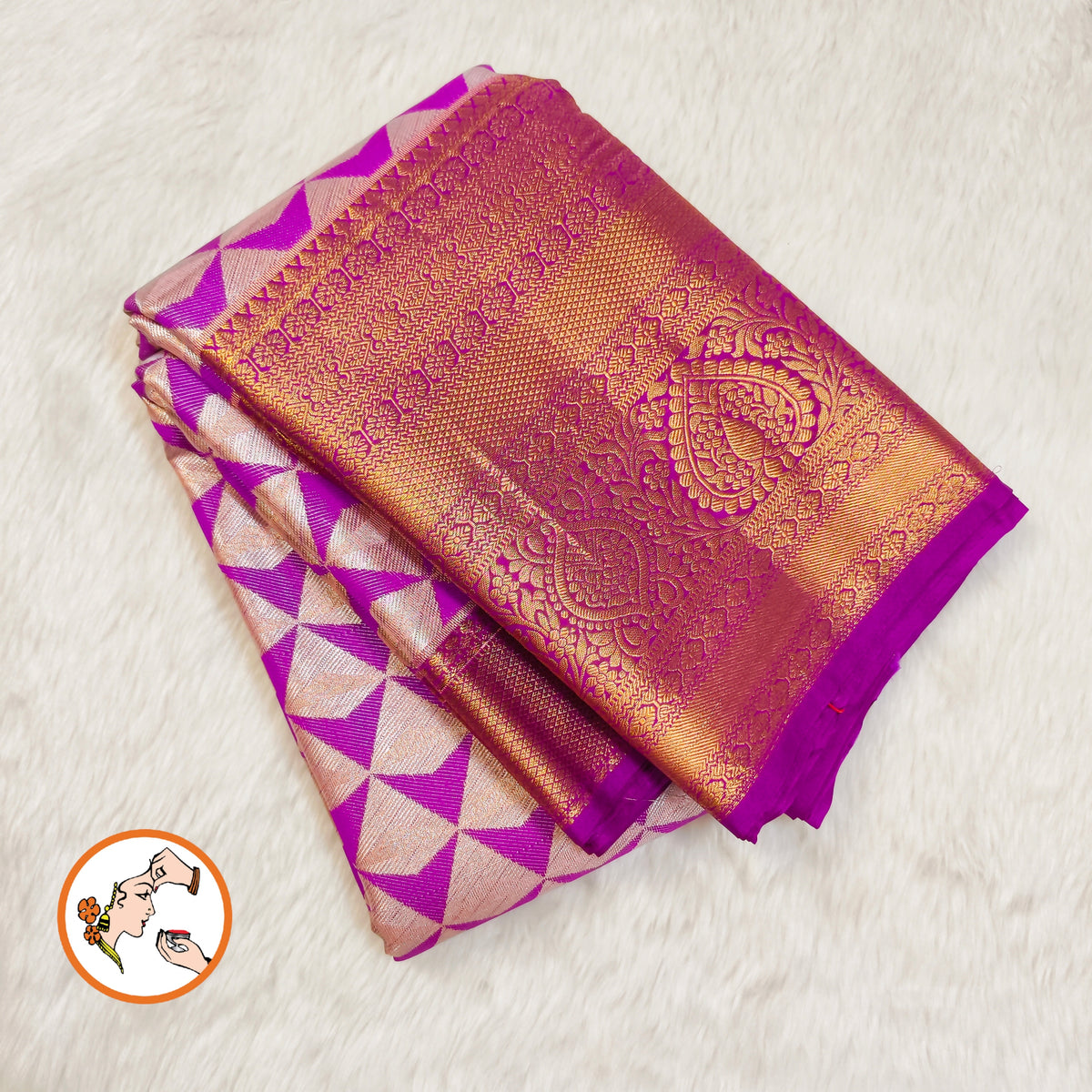 Purple Geometric pattern golden zari border Kanchipuram High Tissue Silk Saree
