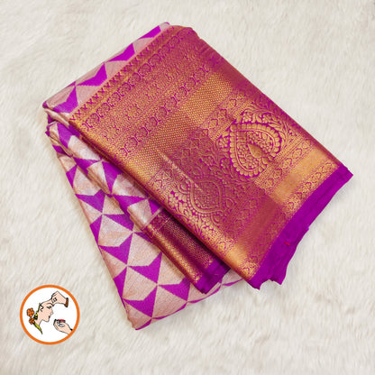 Purple Geometric pattern golden zari border Kanchipuram High Tissue Silk Saree