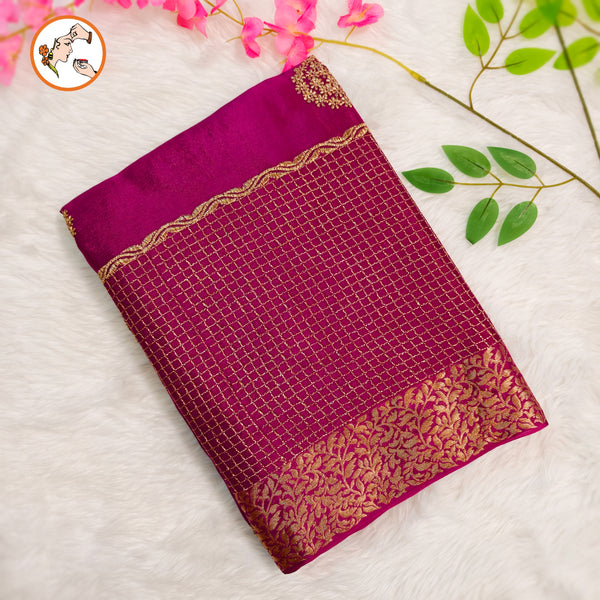Wine Colour Golden Embriodery Premium Wrinkle Chiffon Georgette Designer Saree