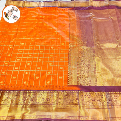 Rust Orange with Brown (Arakku) Temple border Gold zari weaving Traditional Kattam Mango butta Kanchipuram Mix Silk Saree