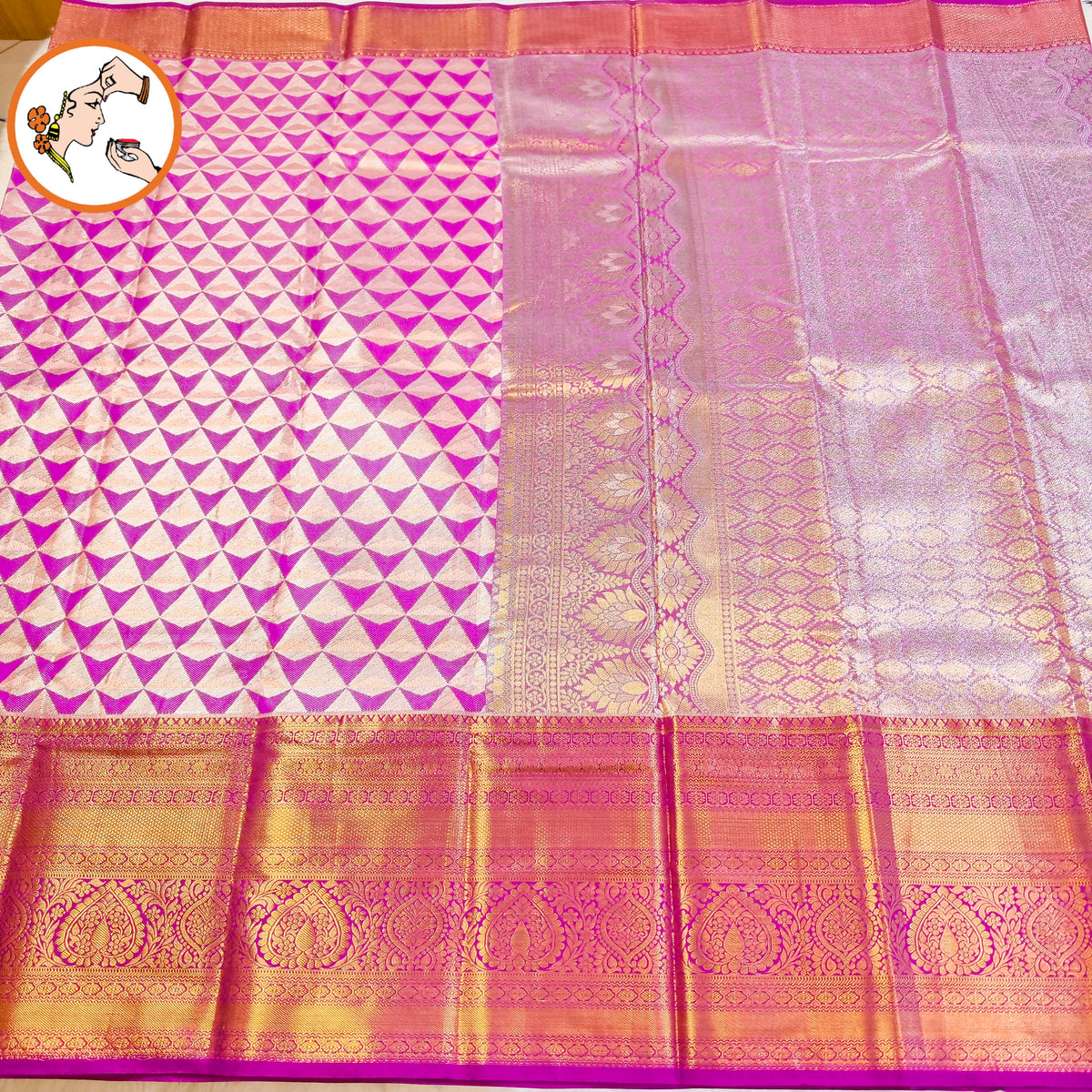Purple Geometric pattern golden zari border Kanchipuram High Tissue Silk Saree
