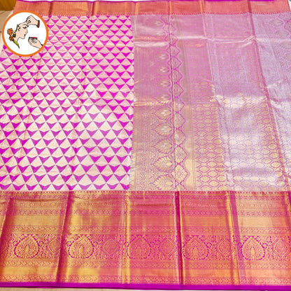 Purple Geometric pattern golden zari border Kanchipuram High Tissue Silk Saree