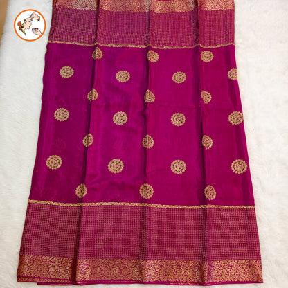 Wine Colour Golden Embriodery Premium Wrinkle Chiffon Georgette Designer Saree