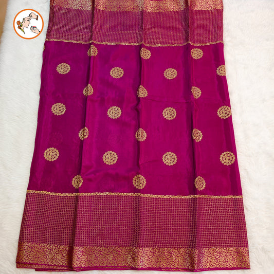 Wine Colour Golden Embriodery Premium Wrinkle Chiffon Georgette Designer Saree