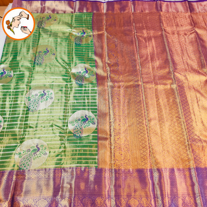 Green  with Violet border Peacock motif High Tissue Kanchipuram Silk Saree