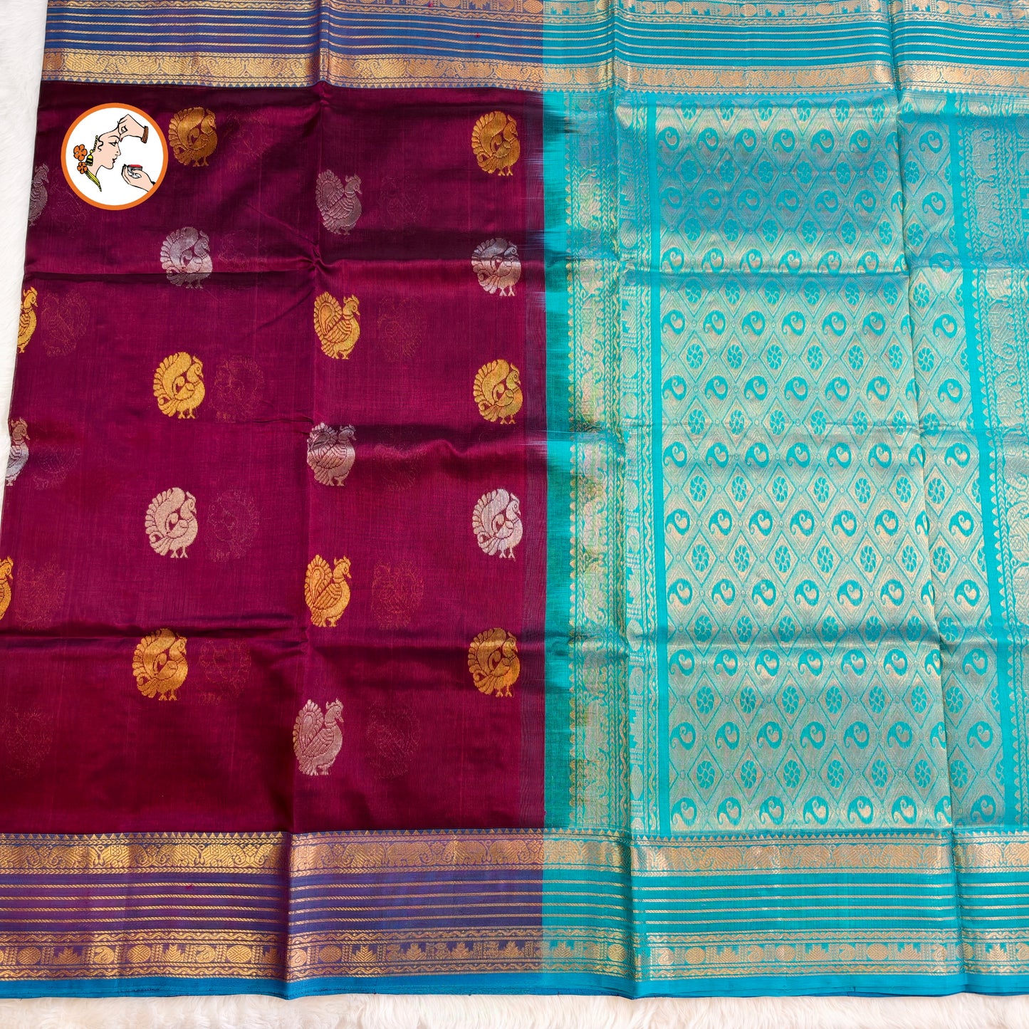 Dark Purple (Arakku) with Sky Blue Peacock motif Traditional Pure Silk Cotton Saree
