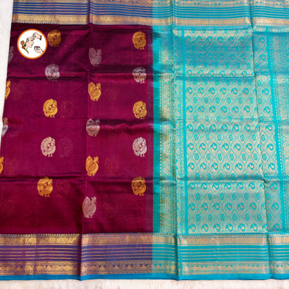 Dark Purple (Arakku) with Sky Blue Peacock motif Traditional Pure Silk Cotton Saree
