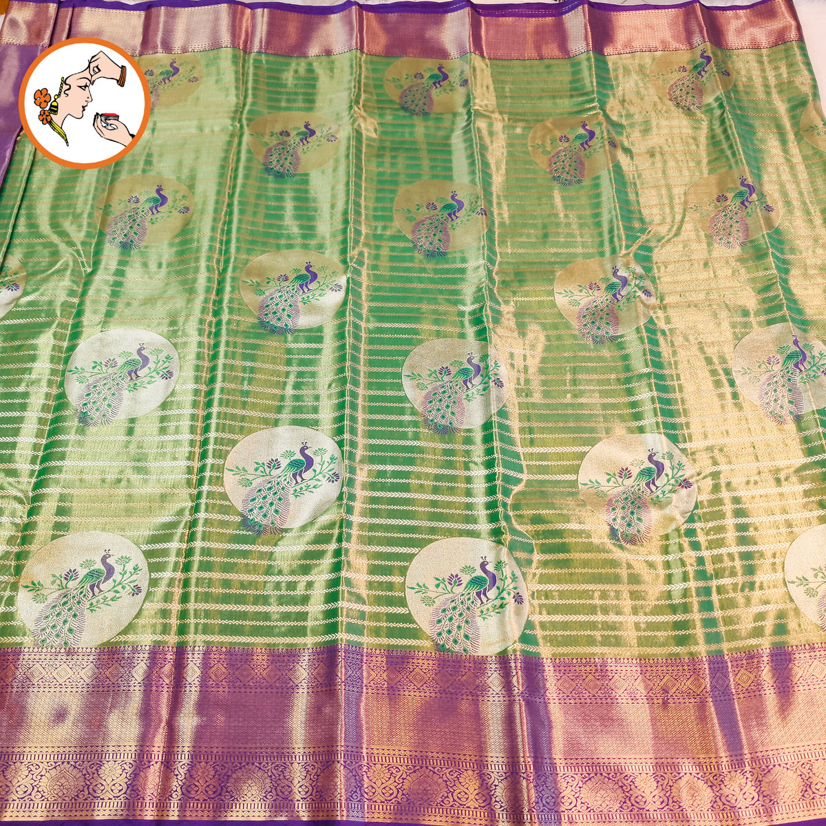 Green  with Violet border Peacock motif High Tissue Kanchipuram Silk Saree