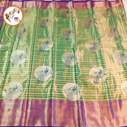 Green  with Violet border Peacock motif High Tissue Kanchipuram Silk Saree