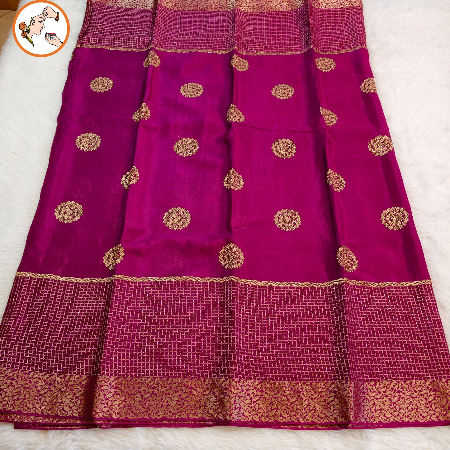 Wine Colour Golden Embriodery Premium Wrinkle Chiffon Georgette Designer Saree