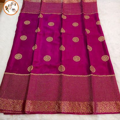Wine Colour Golden Embriodery Premium Wrinkle Chiffon Georgette Designer Saree