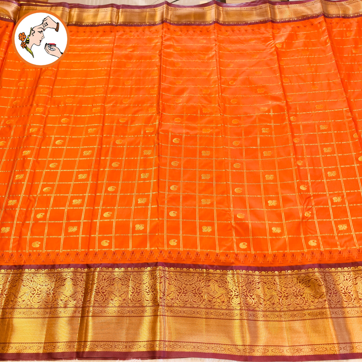 Rust Orange with Brown (Arakku) Temple border Gold zari weaving Traditional Kattam Mango butta Kanchipuram Mix Silk Saree