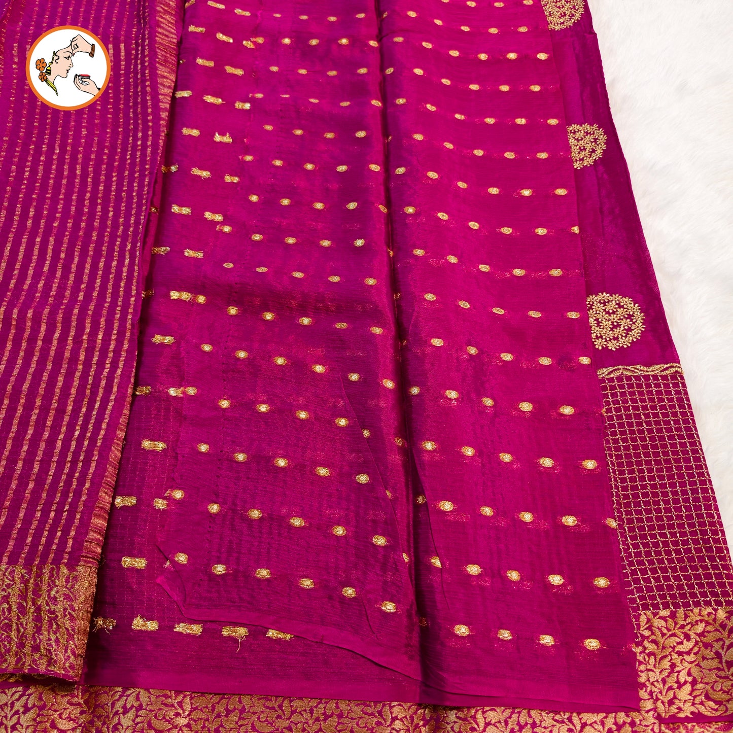 Wine Colour Golden Embriodery Premium Wrinkle Chiffon Georgette Designer Saree