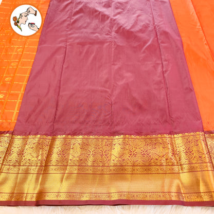 Rust Orange with Brown (Arakku) Temple border Gold zari weaving Traditional Kattam Mango butta Kanchipuram Mix Silk Saree