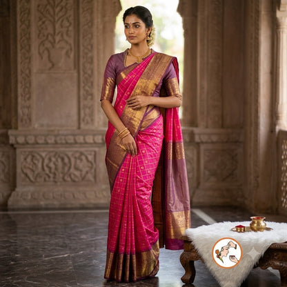 Dark Pink with Brown Temple border Gold zari weaving Traditional Kattam Mango butta Kanchipuram Mix Silk Saree