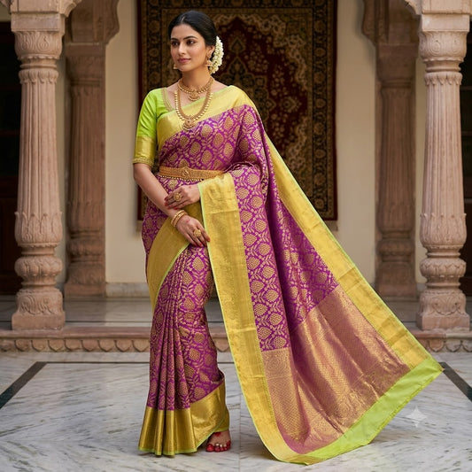 Purple with Pista Green border gold zari Meenakari weaving Kanchipuram Mix Silk Saree