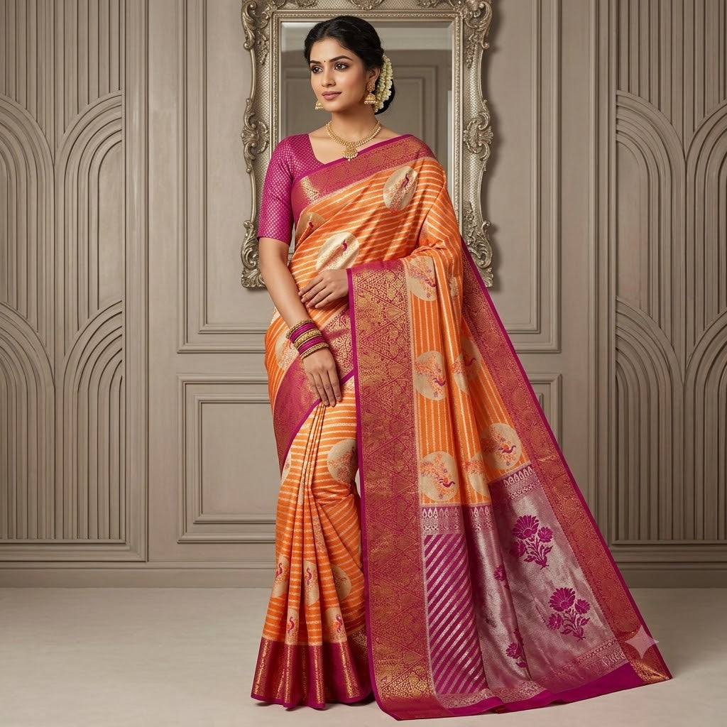 Peach with Magenta Pink border Peacock motif High Tissue Kanchipuram Silk Saree