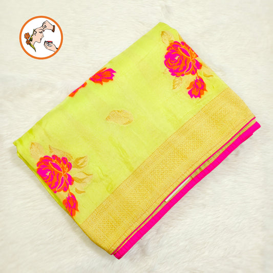 Lime Green floral Half Saree Banarasi Style Silk Designer Saree