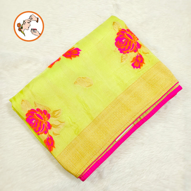 Lime Green floral Half Saree Banarasi Style Silk Designer Saree