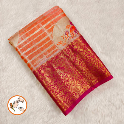 Peach with Magenta Pink border Peacock motif High Tissue Kanchipuram Silk Saree