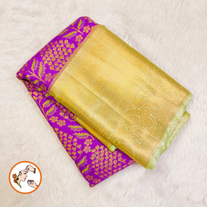 Purple with Pista Green border gold zari Meenakari weaving Kanchipuram Mix Silk Saree